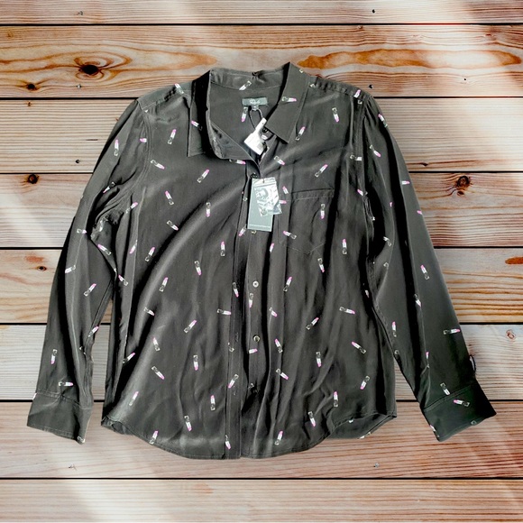 Rails Tops - RAILS Women’s Long Sleeve Silk Sheer Button Down Blouse with Lipstick Pattern